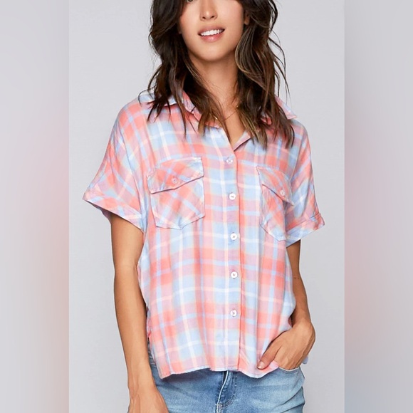 Billy T Tops - NWT Billy T. Women’s Easy Peasy Plaid Front Button Shirt Size XL